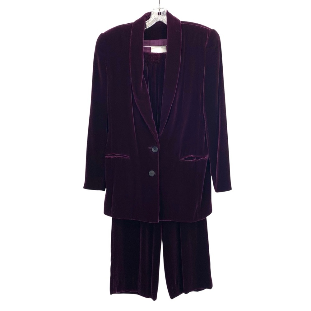 Dana Buchman Vintage Dark Purple Velvet Silk Blend Pant Blazer Jacket Suit Set
